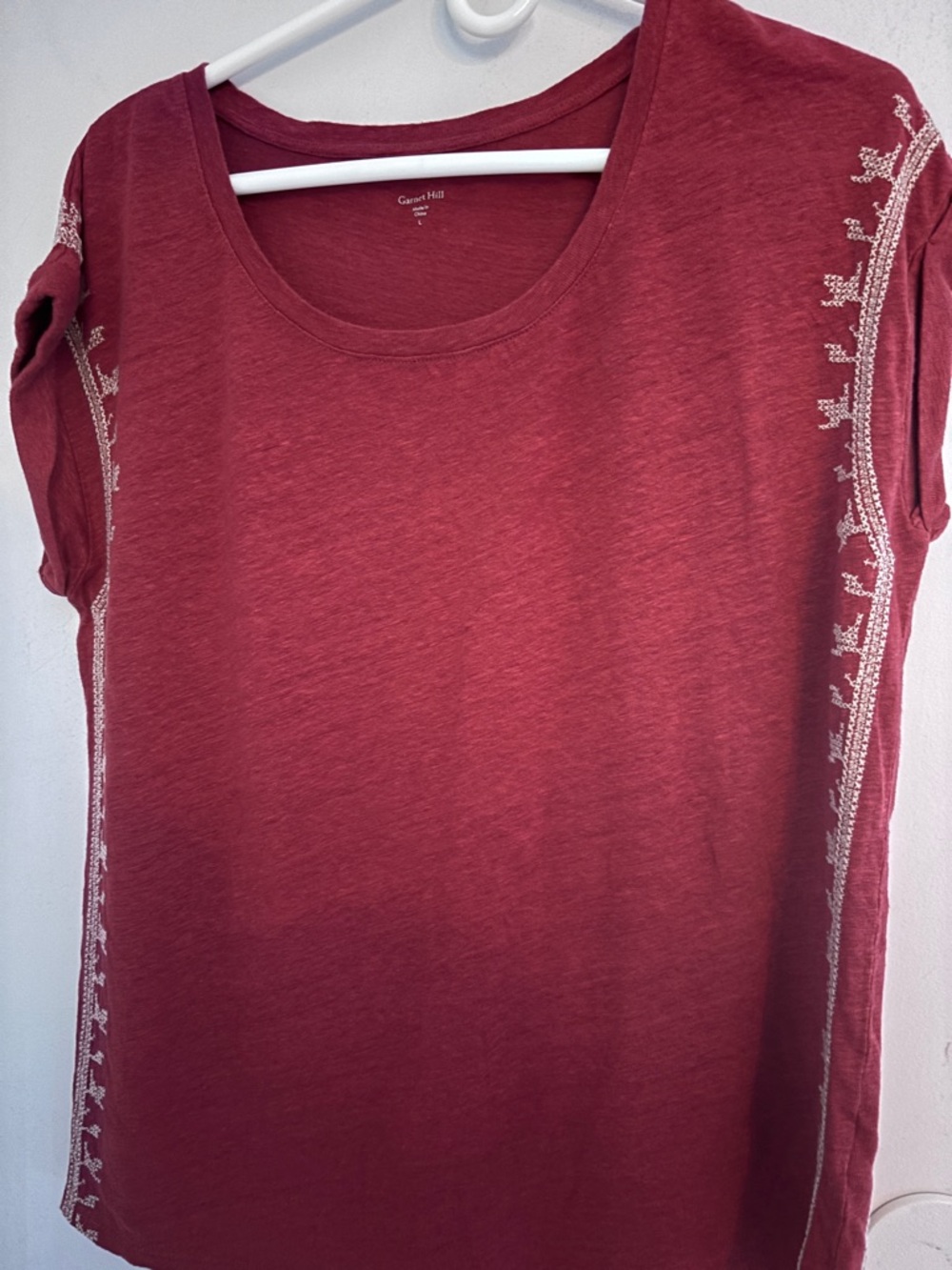 Garnet Hill Burgundy Scoop-Neck Tee with Contrast Side Embroidery